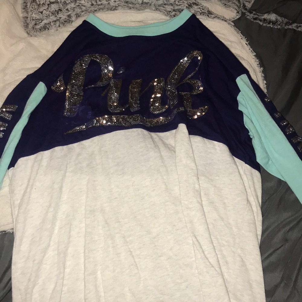 Dark blue , and light blue and gray shirt